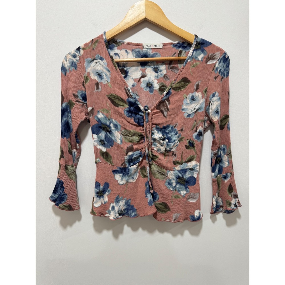 Miley + Molly Floral Peplum Blouse Pink Blue Bell Sleeve V-Neck Top Small